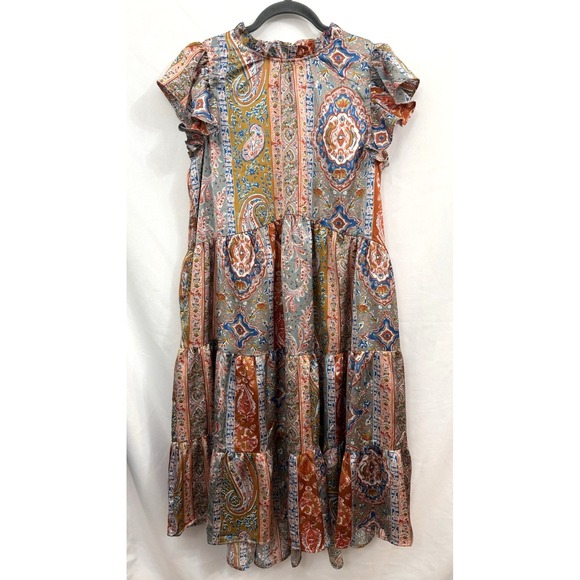 Pinch Dresses & Skirts - PINCH Floral Paisley Ruffle Neck Tiered Midi Dress Womens Size L